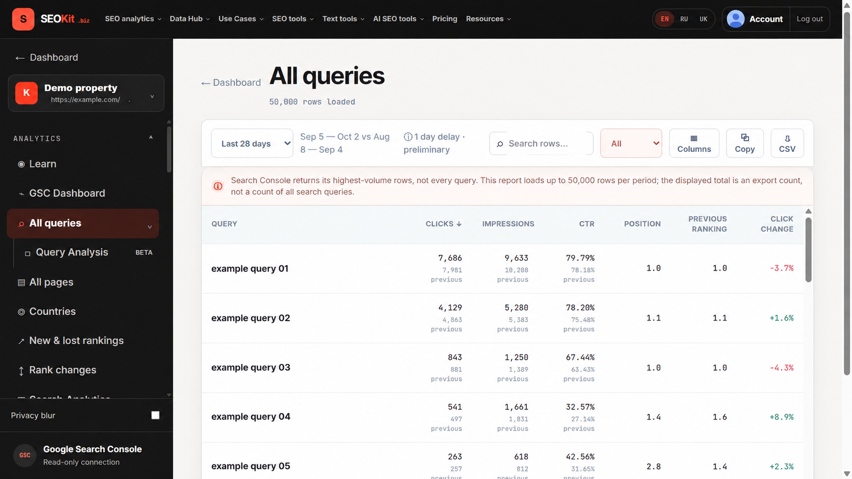 Privacy-safe SEOKit All queries report with neutral example queries, clicks, impressions, CTR and positions