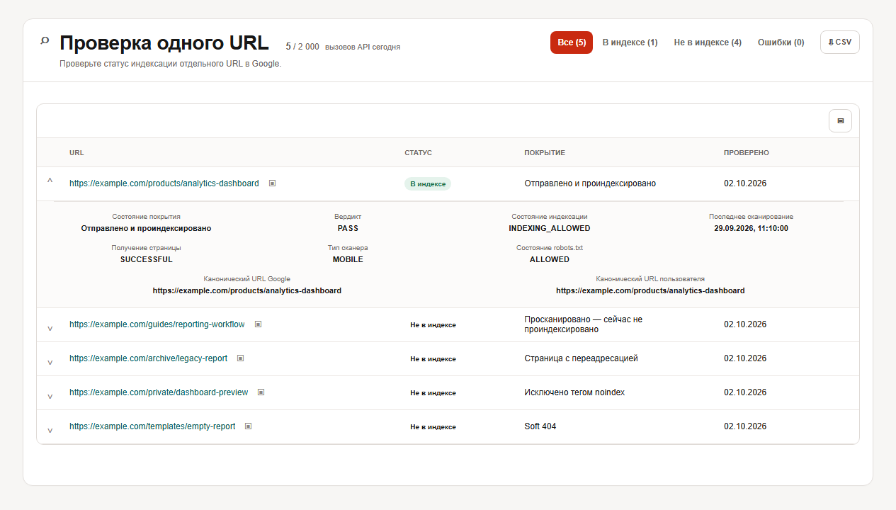Реальная русская таблица SEOKit URL Inspection с нейтральными URL example.com, статусами индексации и раскрытыми canonical-деталями