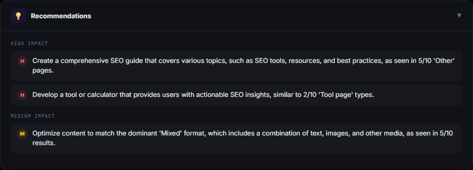 SERP Analyzer recommendations panel with high-impact and medium-impact action items